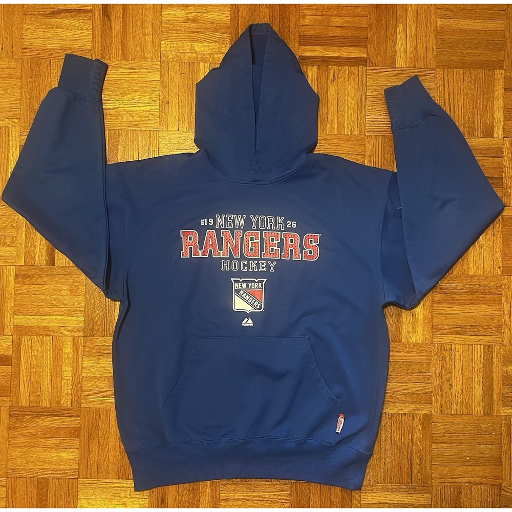 Vintage New York Rangers Majestic NHL Hoodie Blue Red Retro Logo Men's XL